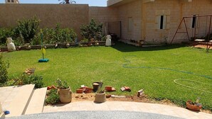 Quintal bem cuidado com gramado, plantas em vasos e mangueira.