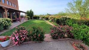 Un jardín ajardinado con un patio y un edificio con varias ventanas.