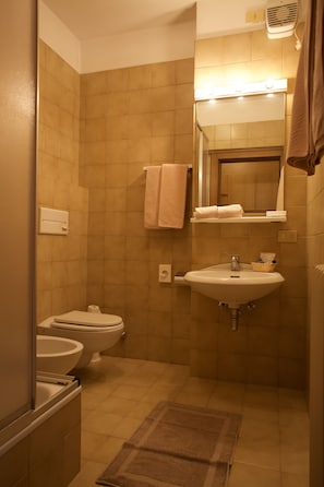 Shower, bidet, towels, toilet paper