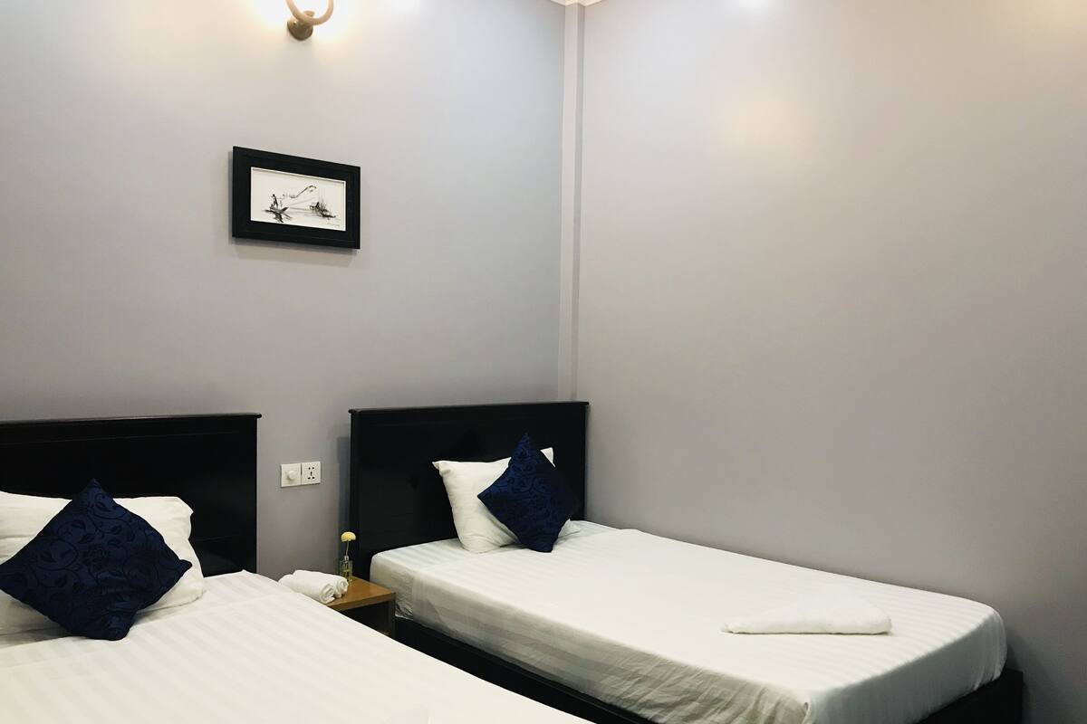 Hotellihuoneessa on kaksi erillistä sänkyä, joissa on tumma pääty ja valkoiset vuodevaatteet. Sänkyjen yläpuolella seinällä on kehystetty taulu.