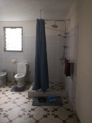 Een bad, een haardroger, een bidet, handdoeken