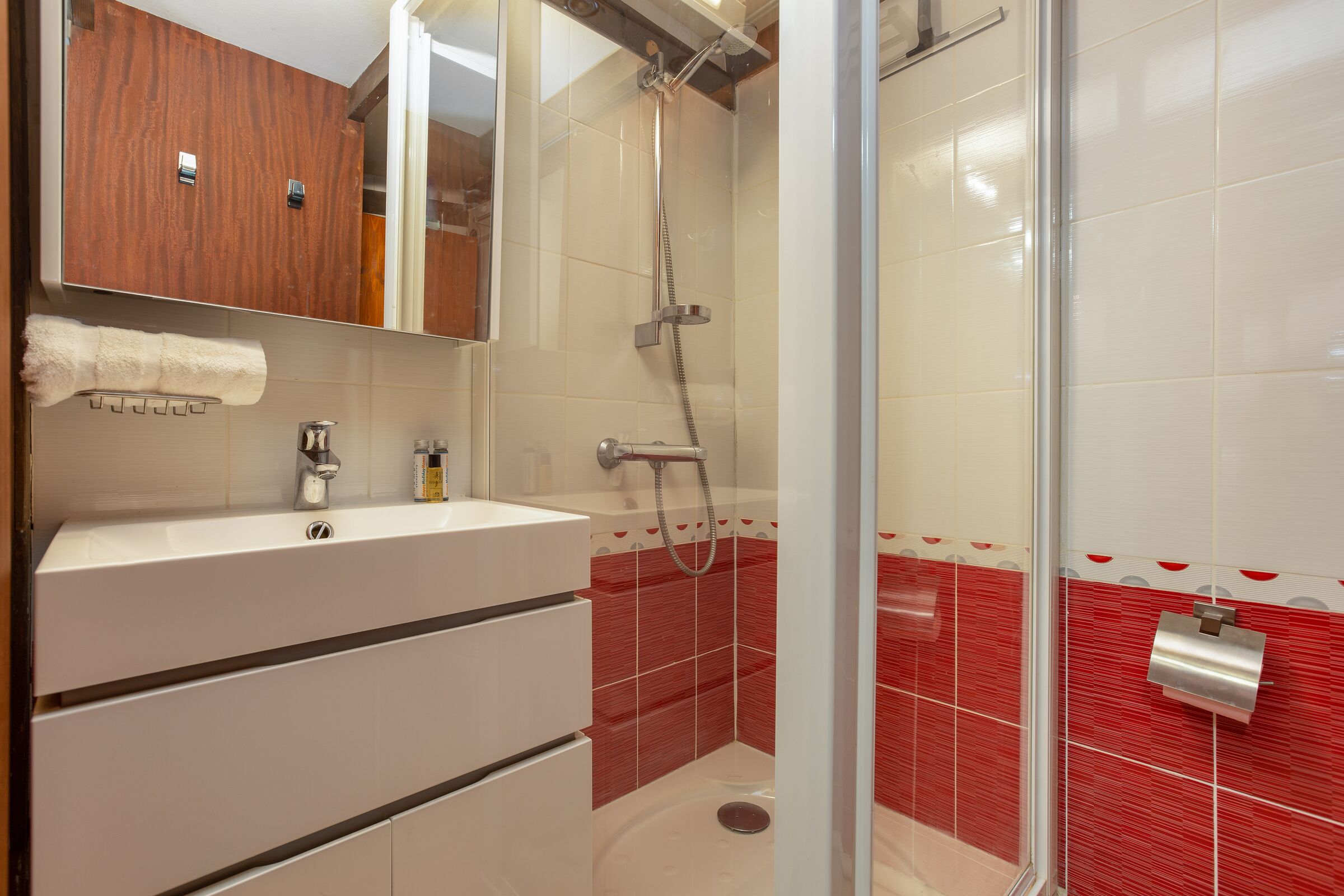 Une salle de bain avec un lavabo blanc, un miroir et une douche aux carreaux rouges.