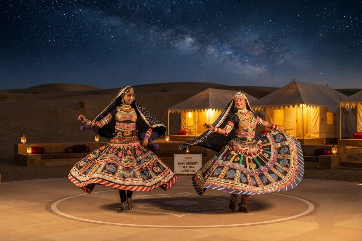 Dos personas bailando una danza tradicional en un paisaje desértico con tiendas de campaña al fondo.