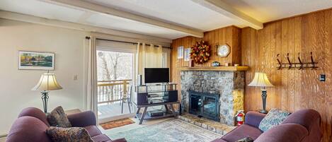 TV, caminetto, lettore DVD, libri