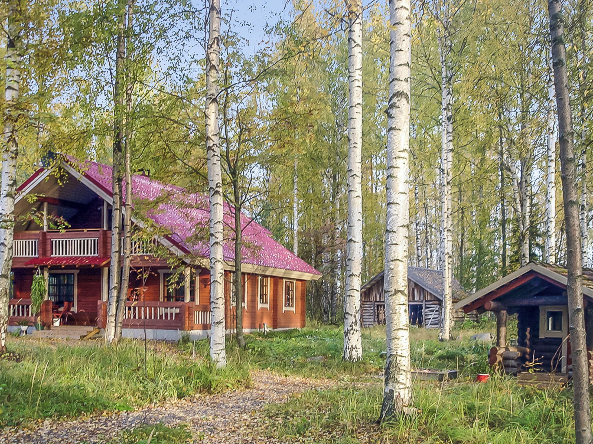Une cabane en bois avec un toit rouge, entourée de bouleaux dans une forêt.