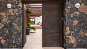 A stone wall entrance with a wooden door, a potted plant, and a tiled floor.