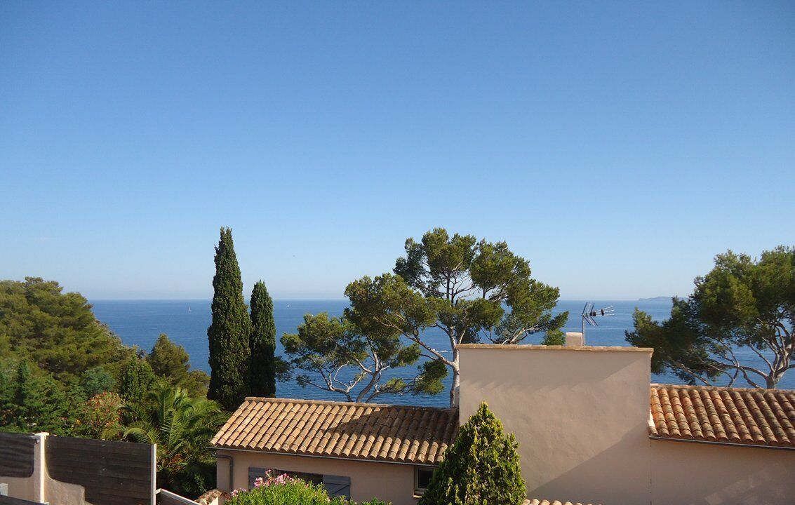 A coastal view with a clear sky, a building with a tiled roof, and trees in the foreground.