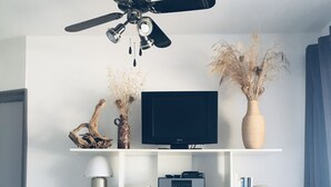 A modern living room with a ceiling fan, a flat-screen TV, and a white shelving unit with various decorative items and electronic devices. - Studio with separate bedroom. Terrace sea view. Bay of Sagone (Sagone)