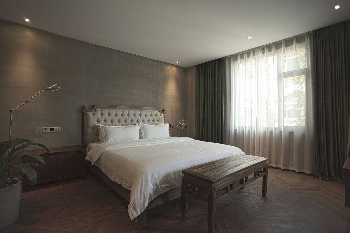 A modern bedroom with a large bed, a wooden bench, and a potted plant.