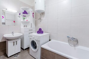 Hair dryer, towels, shampoo, toilet paper
