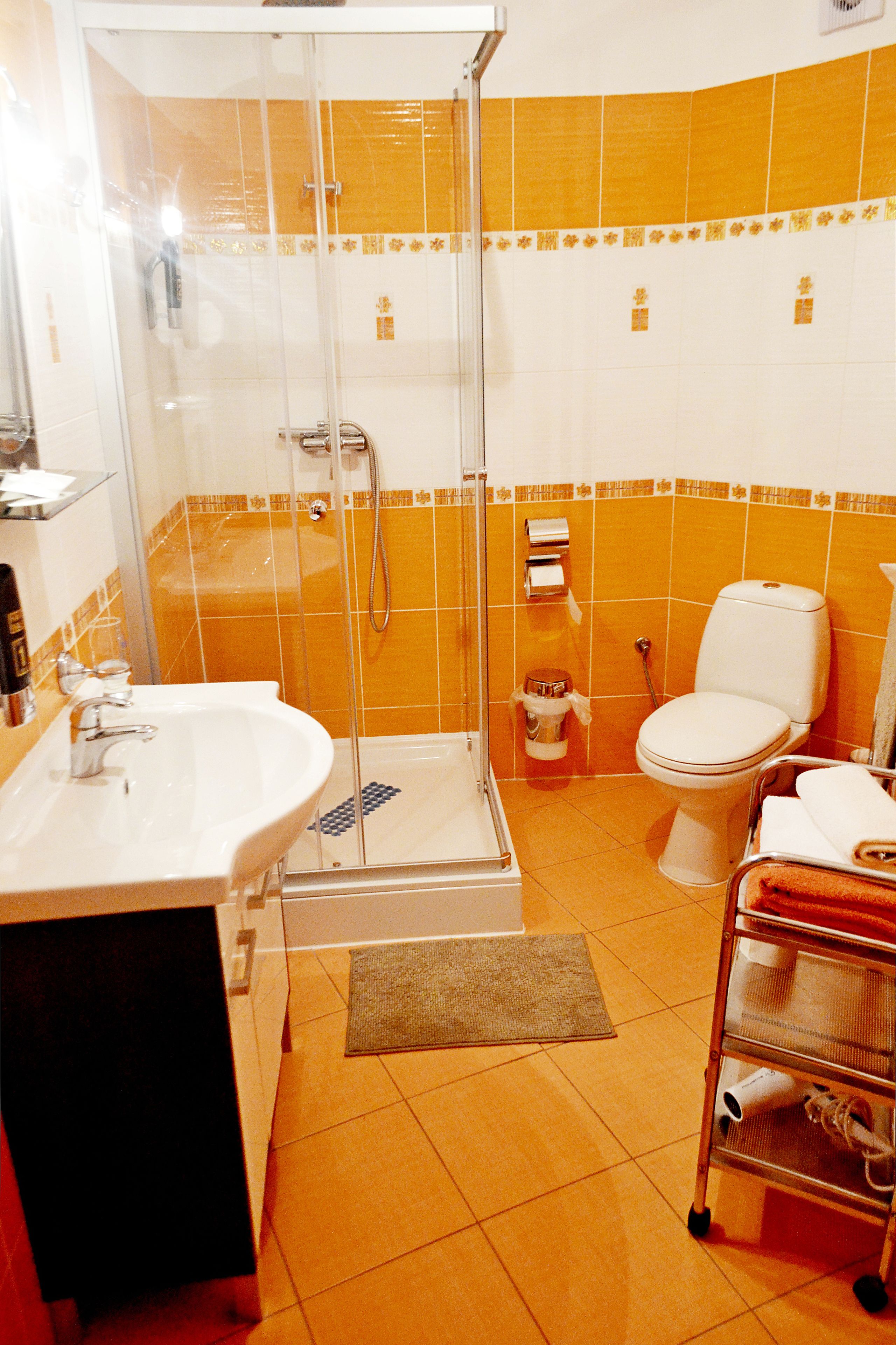 Een badkamer met een douche met glazen wand, een wit wastafelmeubel, een toilet en een handdoekhouder.