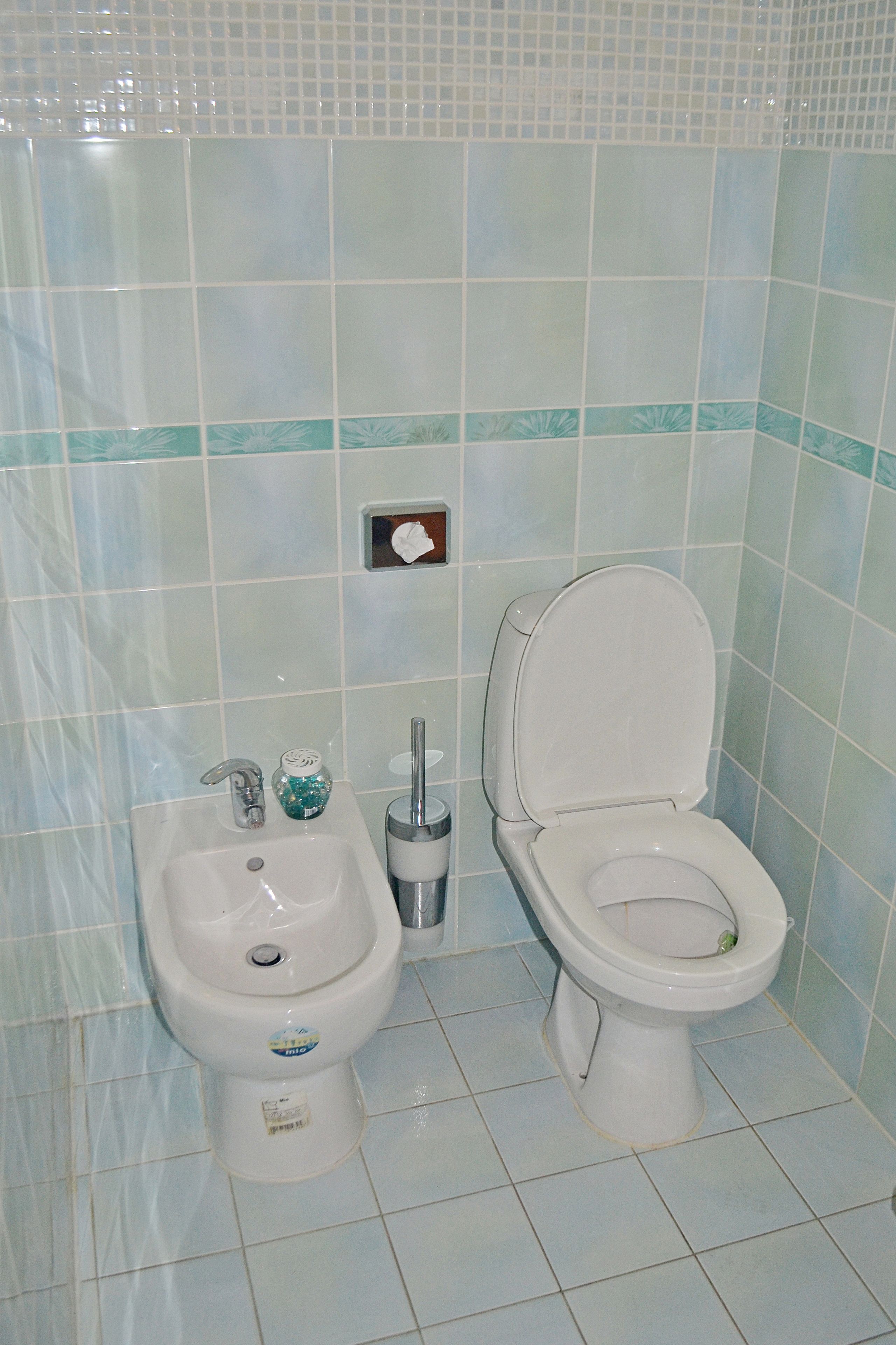 A bathroom with a toilet, bidet, and a small trash bin.