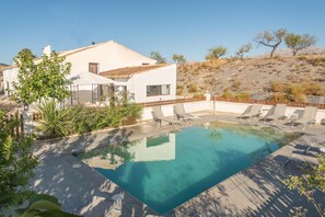 Seasonal outdoor pool, open 10:00 AM to 7:00 PM, pool umbrellas