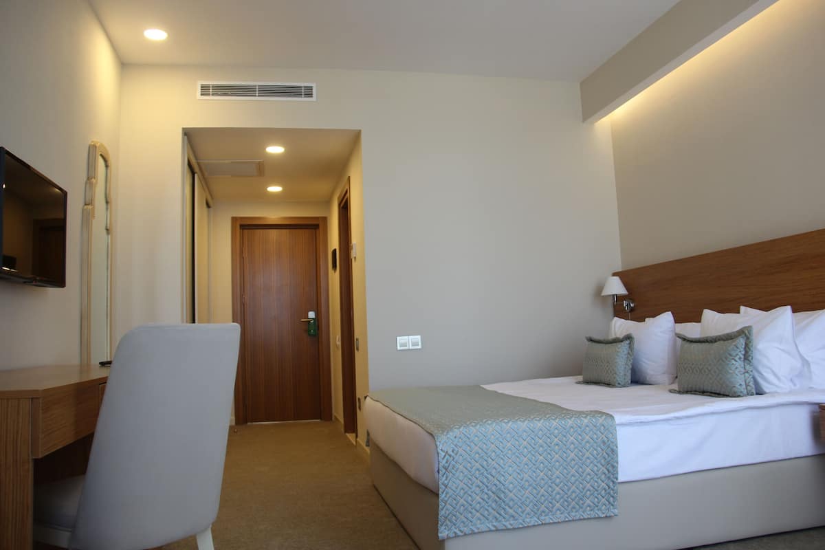 Une chambre d’hôtel équipée d’un lit, d’un bureau, d’une chaise, d’une télévision et d’une porte donnant sur une autre pièce.