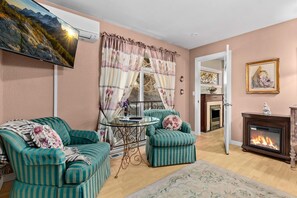 Télévision, cheminée, lecteur de DVD, vidéothèque