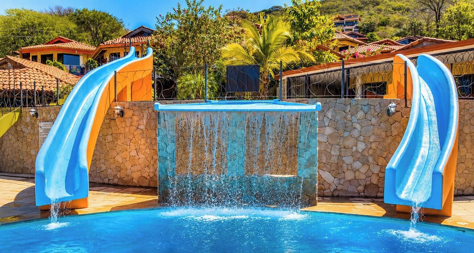 A swimming pool with two slides, a stone wall, and a clear blue sky.