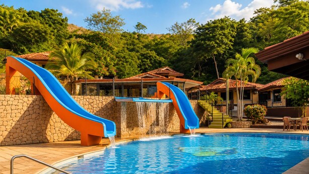 A swimming pool with two slides, surrounded by stone walls and a building with a tiled roof. - Your Comfortable, Safe, Updated Villa Retreat for 2 to 6 Guests in Playa Hermosa (Playa Hermosa)