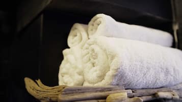 Hair dryer, towels, shampoo, toilet paper