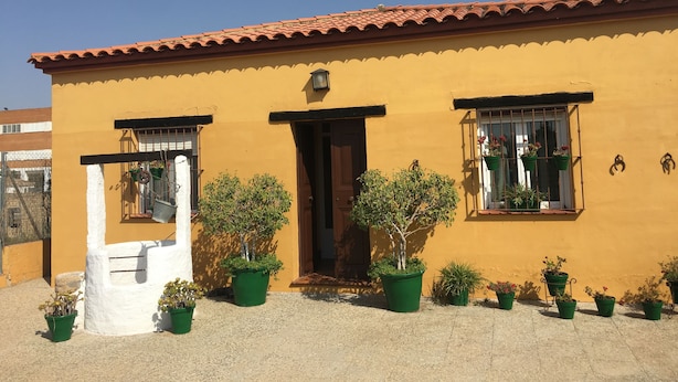 A yellow building with a tiled roof, a door, and windows with bars. There are several potted plants in front of the building. - "Chalet with Pool" (Montellano)