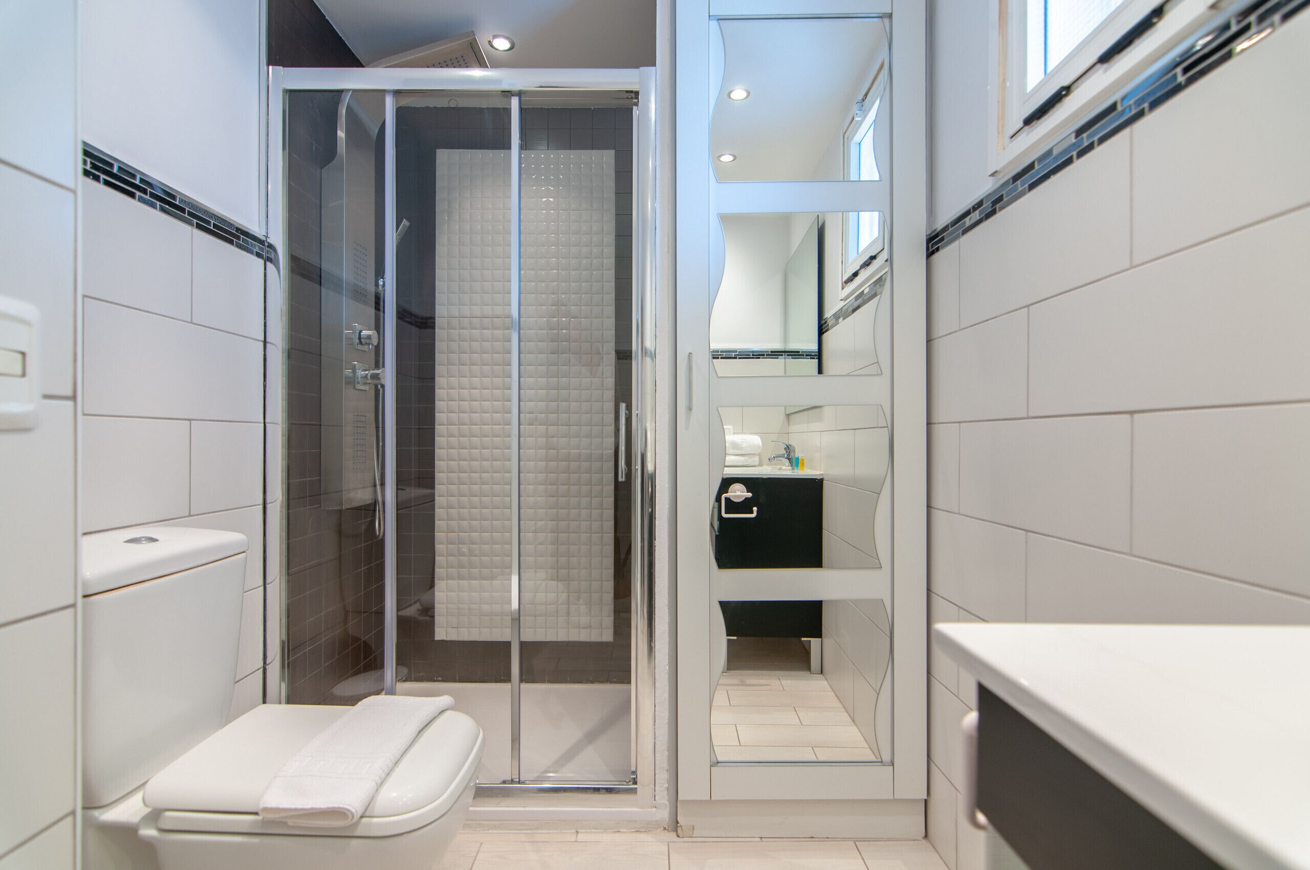 Shower, hair dryer, towels