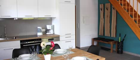 Fridge, oven, dishwasher, high chair