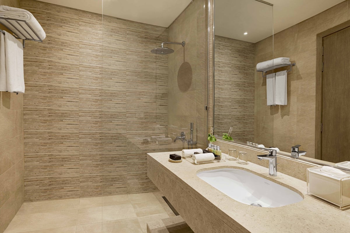 shower, eco-friendly toiletries, hair dryer, towels