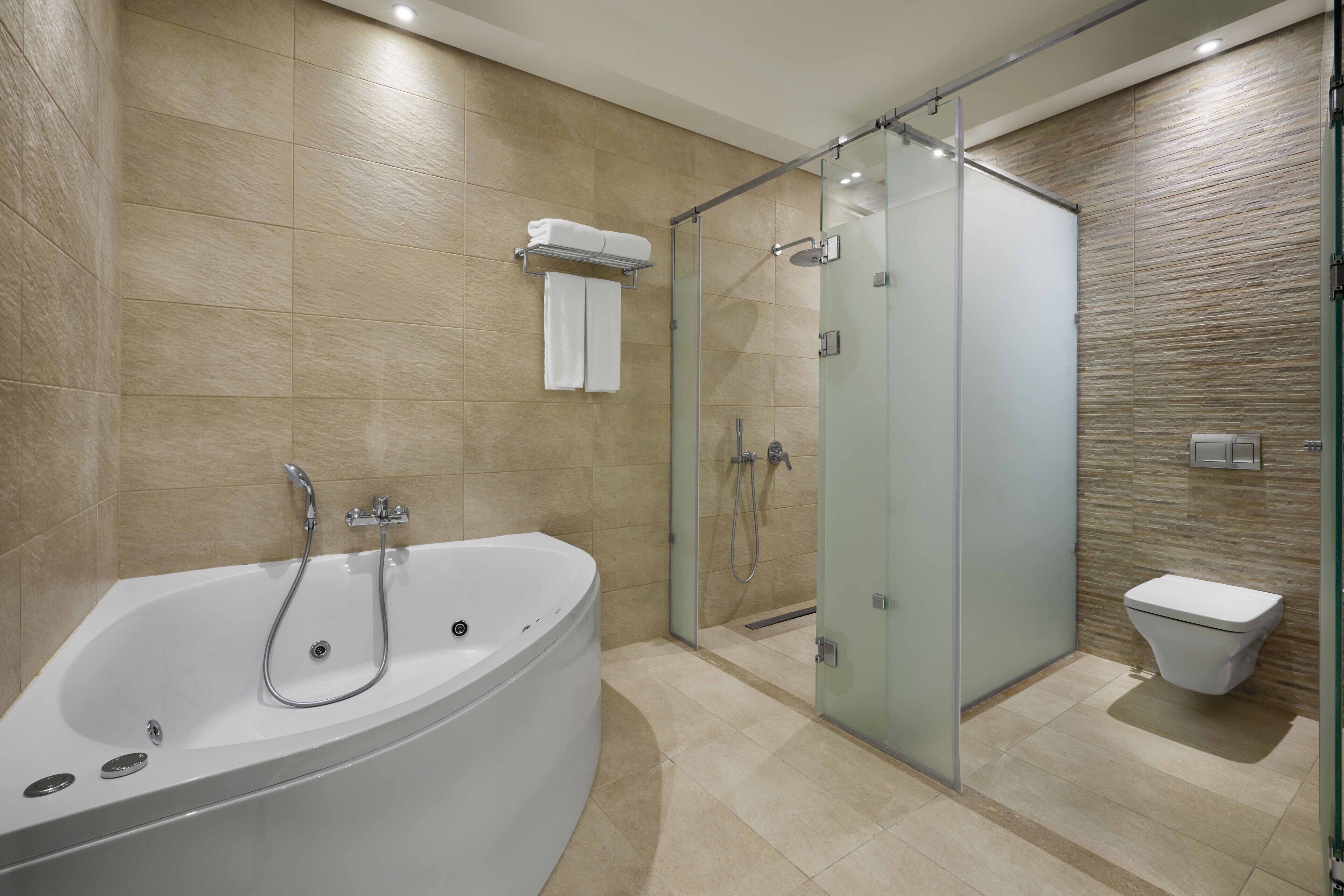 shower, eco-friendly toiletries, hair dryer, towels