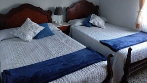 Two single beds with wooden headboards, white bedding, and blue throw blankets.