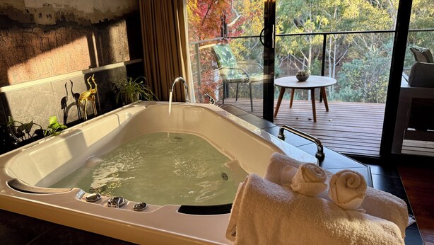 A spa area with a large bathtub, a small table with a bowl, and a view of trees through a large window. - Centrally located 2-bedroom luxury villa in Australia’s spa country (Hepburn Springs)