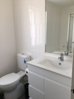 Bathtub, towels, soap, toilet paper