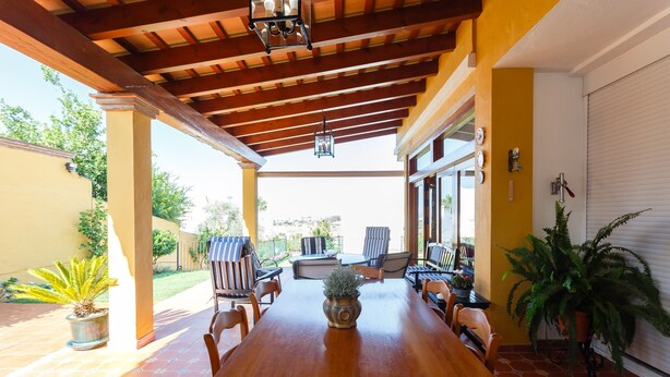 Un patio techado con una mesa y sillas de madera, plantas en macetas y vistas al jardín trasero.