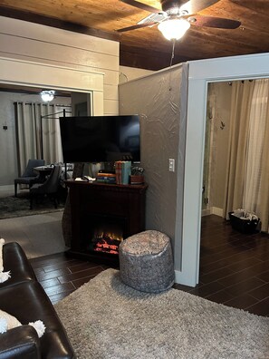 Smart TV, fireplace, books