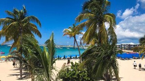 A beach with palm trees, a clear blue sky, and a view of the sea with boats.
