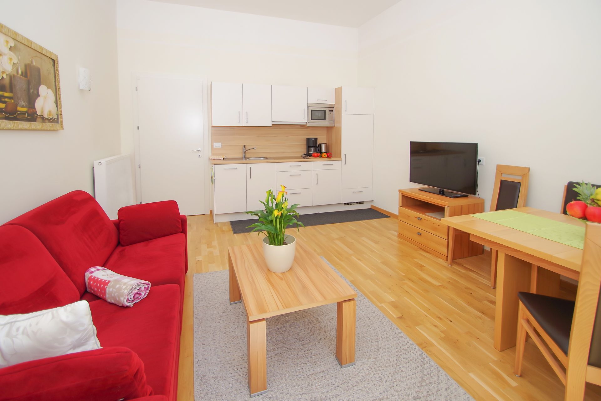A compact living space with a red sofa, a wooden coffee table with a plant, a TV, a dining table, and a kitchenette with white cabinets and a microwave.