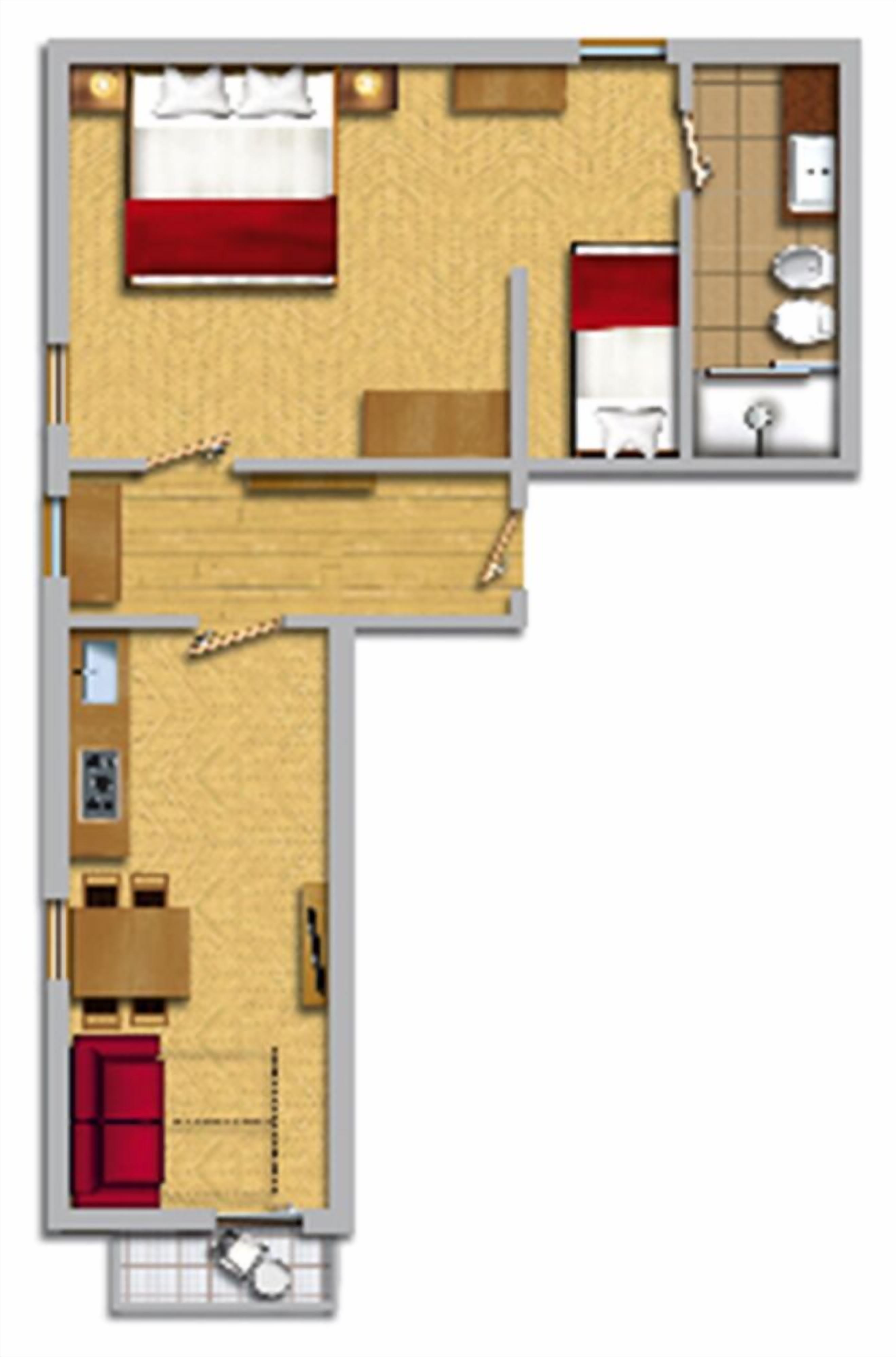 Ein Hotelzimmer mit Bett, Schreibtisch, Stuhl, einer Couch, einem kleinen Tisch und einem Badezimmer.