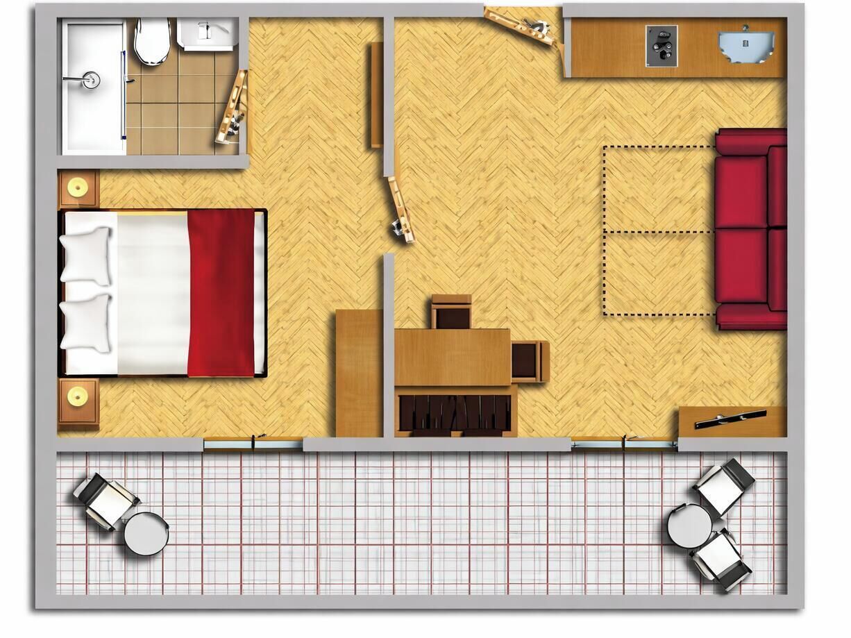 Indeling van een hotelkamer met een bed, een bureau, een eettafel, een rode bank en een badkamer.