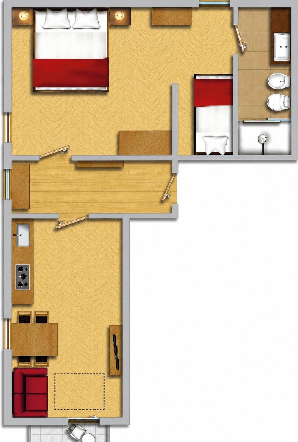 Ein Hotelzimmer mit Bett, Schreibtisch, einem roten Sofa, einem Badezimmer und einem Essbereich.