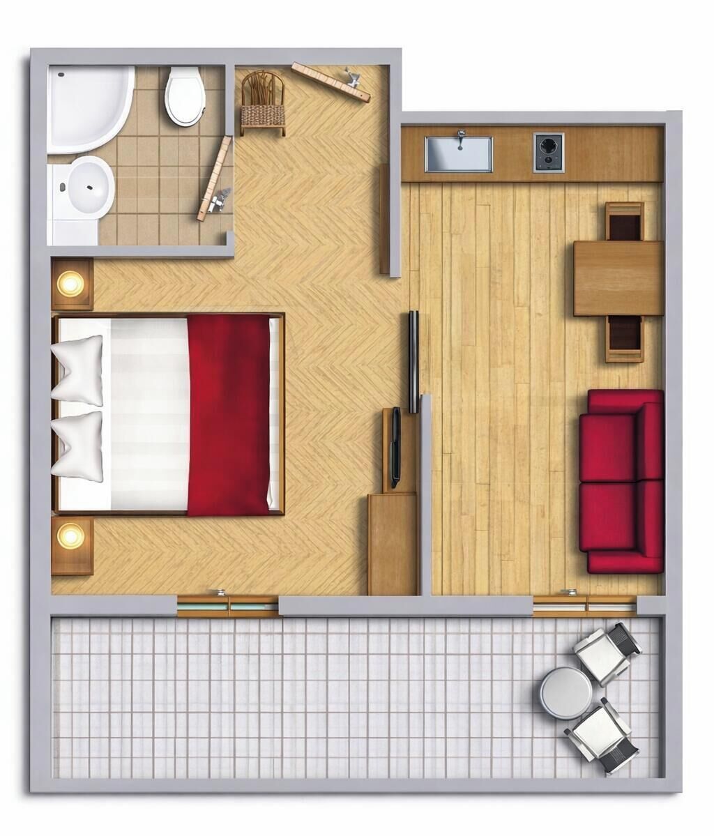 Distribución de una habitación de hotel con cama, mesita de noche, lámpara, sofá rojo, baño y una pequeña zona de comedor.