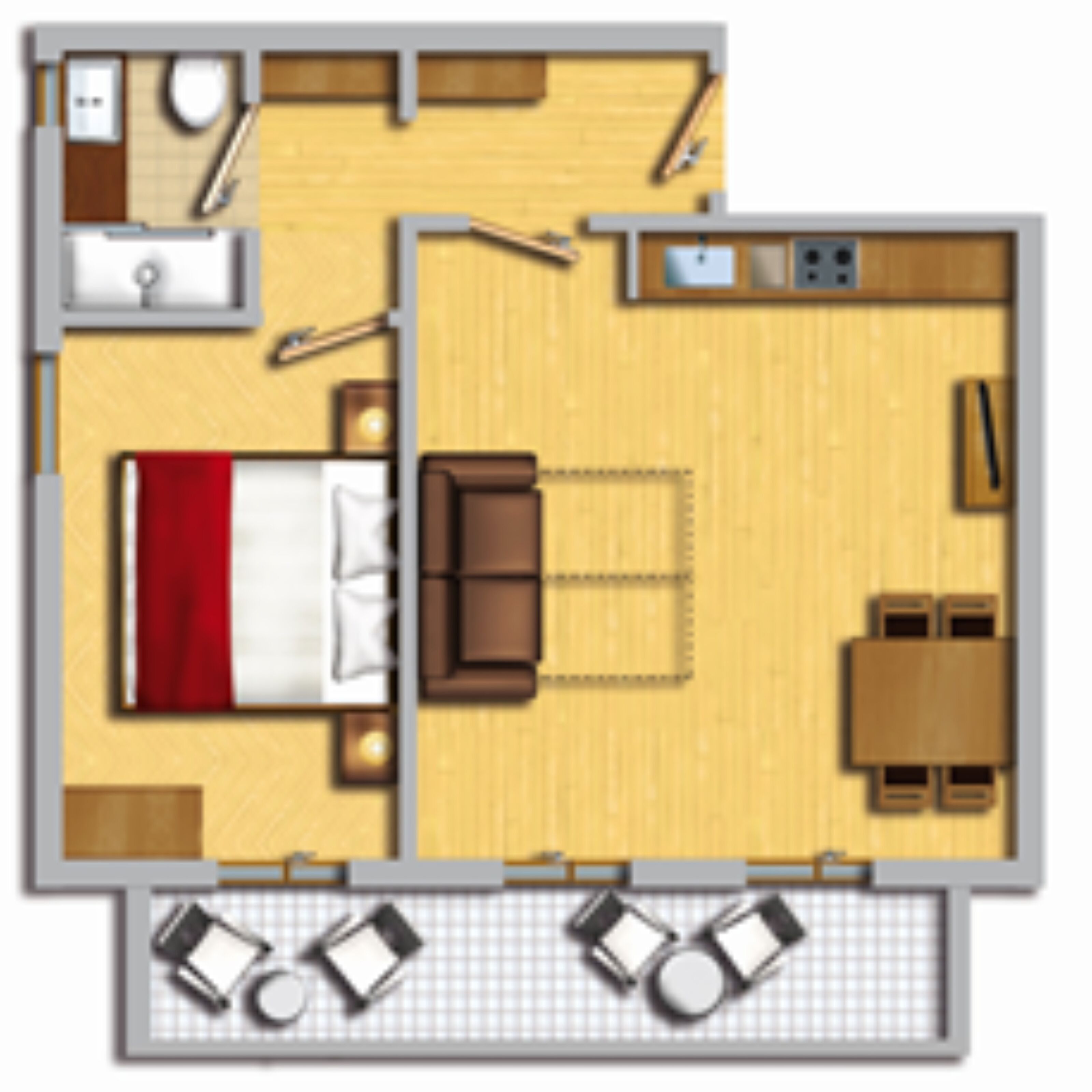 Ein Hotelzimmer mit Bett, Sitzecke, Küchenzeile und einem Balkon mit zwei Stühlen.