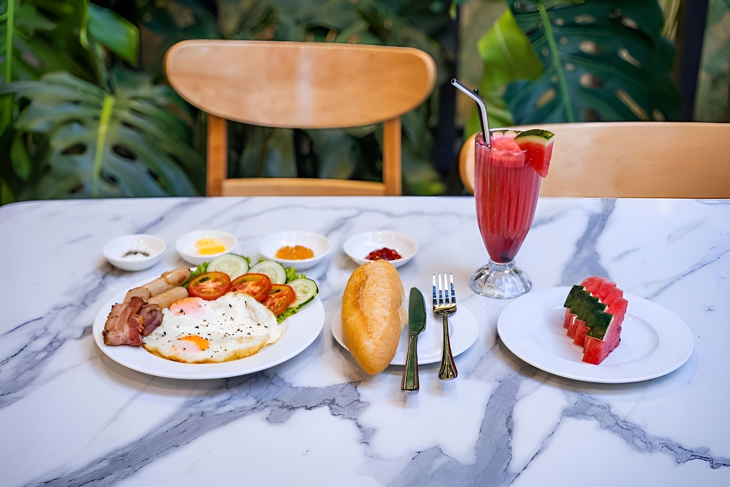 A breakfast setting with a plate of eggs, bacon, and vegetables, a bread roll, and a glass of smoothie on a marble table.