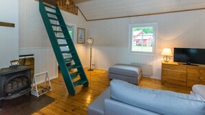A cozy room with a wooden floor, a green ladder, a grey sofa, a TV, and a fireplace. - Lilla nennebo by Interhome (Salo)