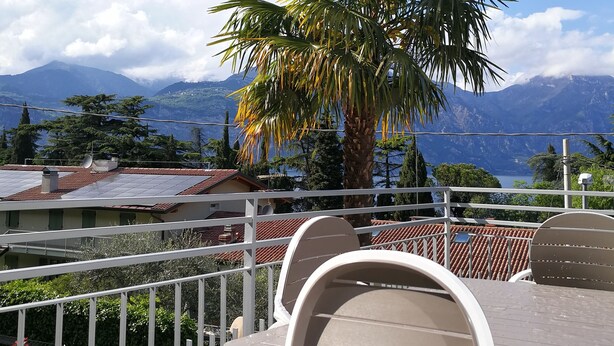 A balcony with a palm tree, a view of mountains, and a lake. - Single house, 2 double and 1 single room A/C and wifi "La Svolta Holidays" (Malcesine)