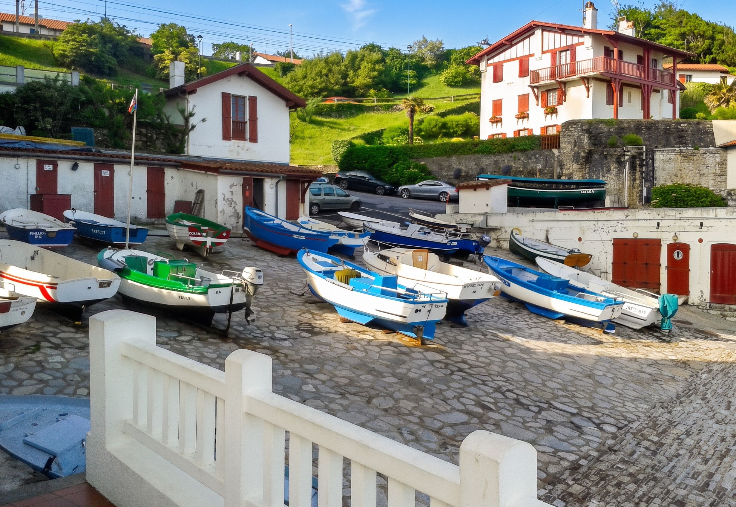 Un village côtier où des bateaux sont amarrés dans une zone pavée de pierres, entouré de bâtiments traditionnels et de verdure.