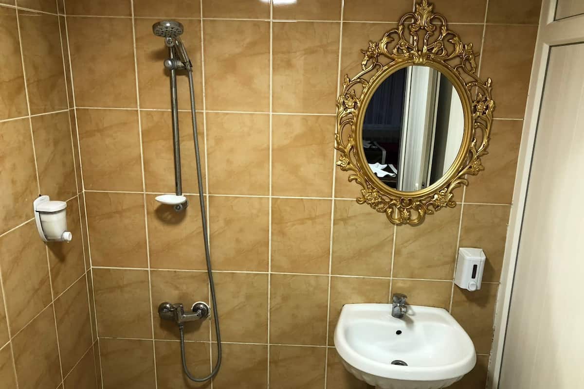 Shower, hair dryer, slippers, towels