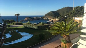 Une vue sur la côte, avec un sentier pavé, des palmiers et un bâtiment doté d’un balcon donnant sur la mer.