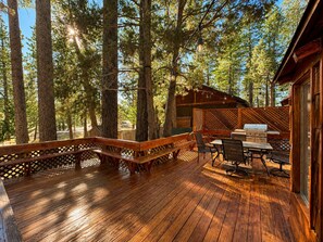 Eine Holzterrasse mit Grillplatz, umgeben von hohen Bäumen.