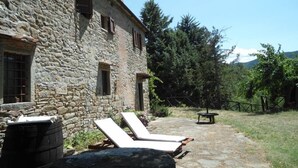 Ein Steinhaus mit rustikalem Äußeren, eine gepflasterte Terrasse mit Liegestühlen und Blick auf ein bewaldetes Gebiet.