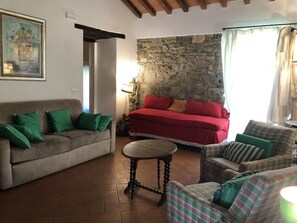 Een televisie, een open haard, boeken en een stereo