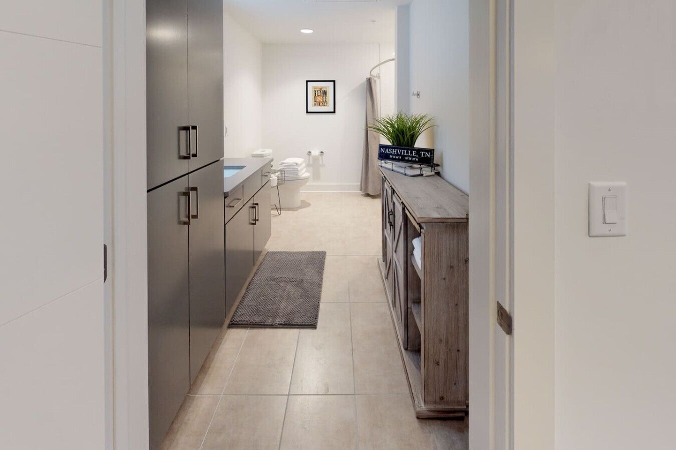 Combined shower/bathtub, hair dryer