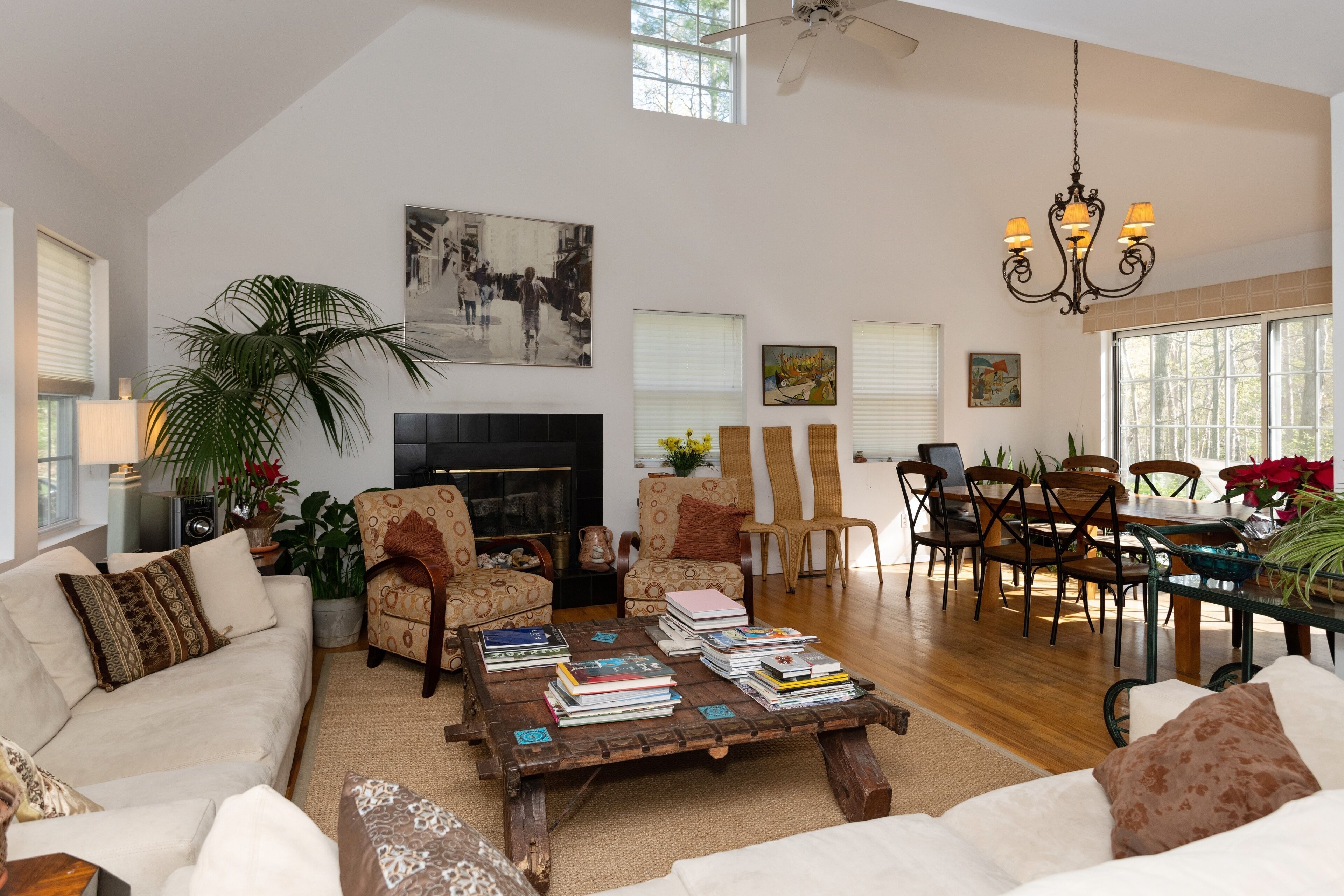 Smart-tv, eldstad, dvd-spelare och böcker